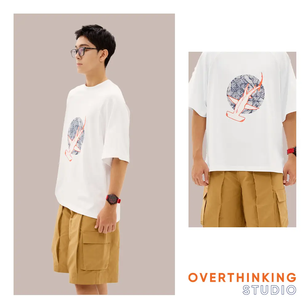 OVERTHINKING STUDIO - ÁO THUN OVERSIZE RAGLAN RED SHARK - 310GSM - 100% COTTON - WHITE Cổ Tròn Menswear Nam