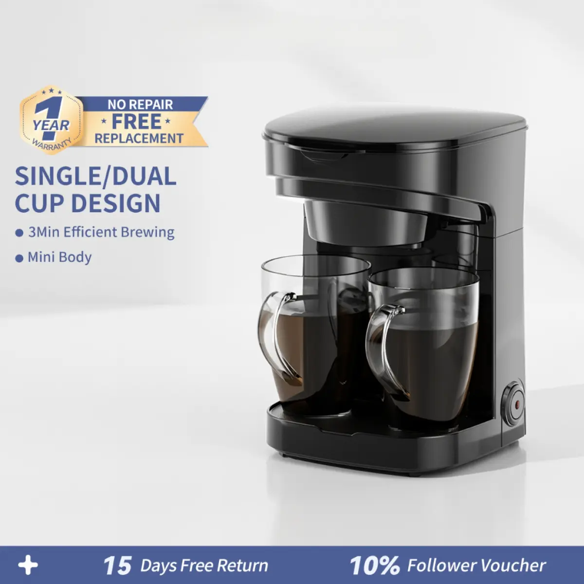 Simplus Coffee Maker  Household Drip Filter Coffee Machine One-Button Dual Cups Compact Body Dual-Use for Coffee KFJH013