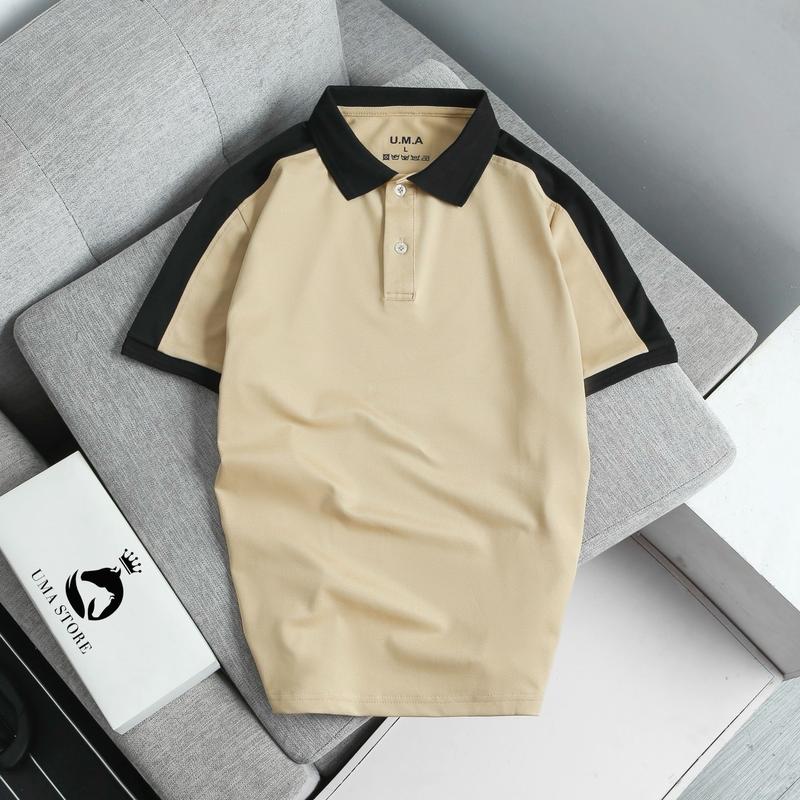Áo thun  polo nam UMA phối cầu vai cao cấp chất liệu mắt chim thoáng mát, trẻ trung, thanh lịch -Có Cổ Ngắn Tay Menswear có thể giặt máy đen phối sọc trắng nâu Cộc Tay Tay Ngắn