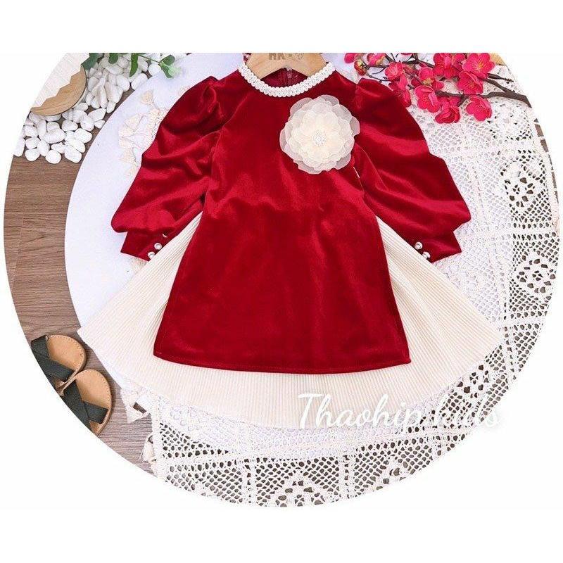 ÁO DÀI NHUNG 3 CHI TIẾT CHÂN VÁY XỐP XẾP LY, KÈM MẤN NGỌC (8-22KG) Cho Bé Tee