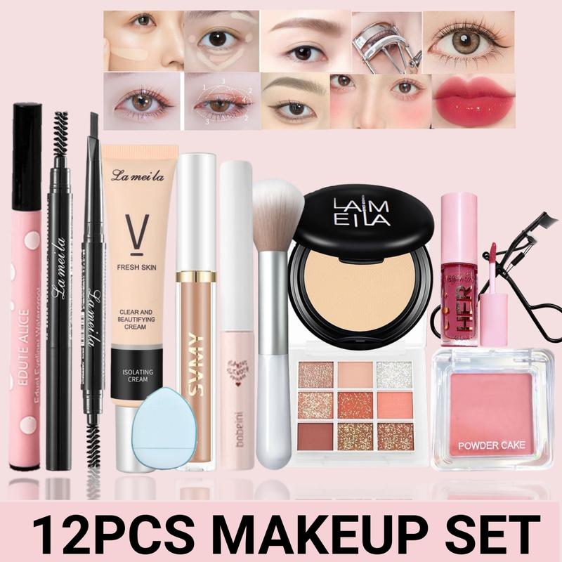 Bộ Mỹ Phẩm Trang Điểm Hoàn Chỉnh, 12 Chiếc, Kem Kem Nền Dưỡng Ẩm, Phấn Che Khuyết Điểm, Bút Chì Kẻ Mắt, Bút Chì Kẻ Lông Mày, Mascara, Phấn Má Hồng Dạng Phấn, Son Môi, Kem Che Khuyết Điểm, Phấn Mắt, Dụng Cụ Uốn Mi, [Thanh Toán Khi Nhận Hàng]