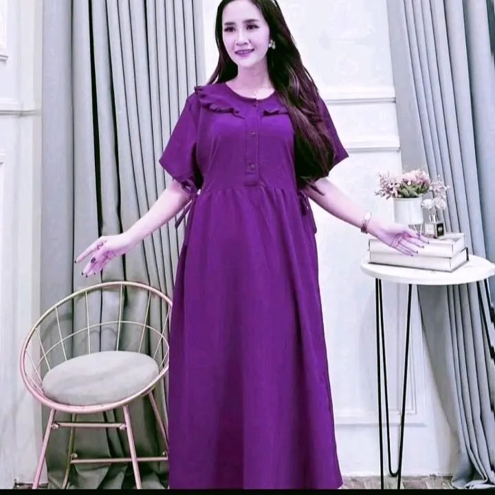 Daster Dress Wanita Dewasa  Busui  Kancing Ruffle Kekinian  Mewah  Kain Crinkle Airflow Premium Nyaman Tebal Remaja Samping Panjang Katun Cantik Midi Bumil 5