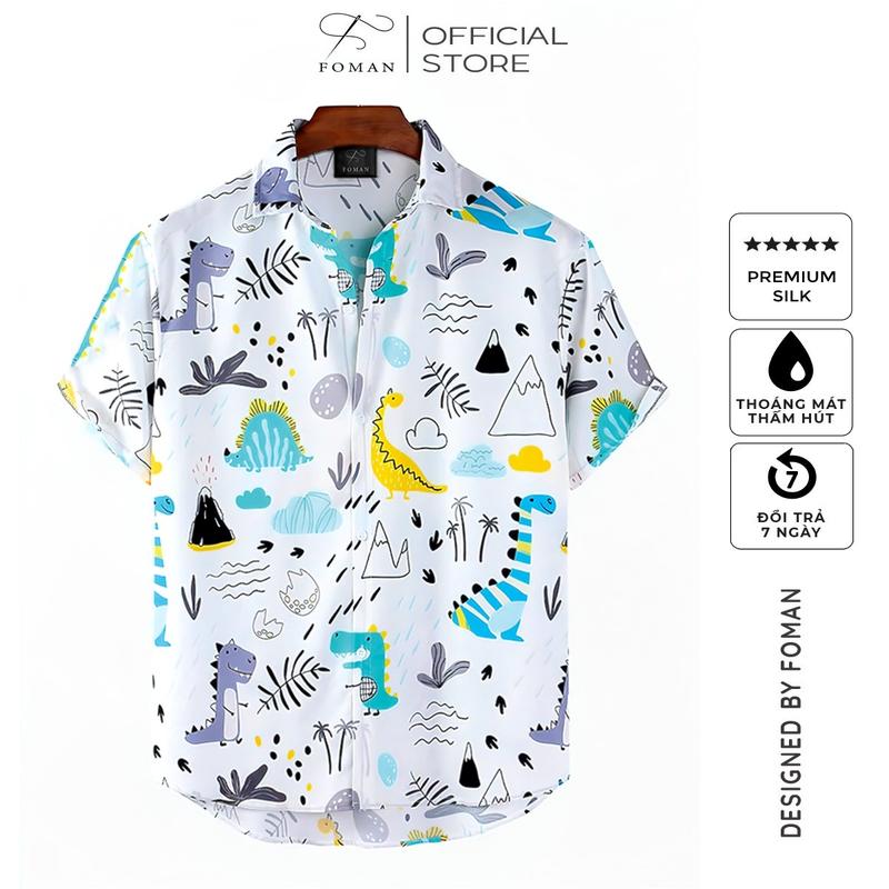 Áo sơ mi nam tay ngắn FOMAN chất vải lụa, không nhăn, thấm hút, thoáng khí, hoạ tiết Dinosaur đầy màu sắc sang trọng