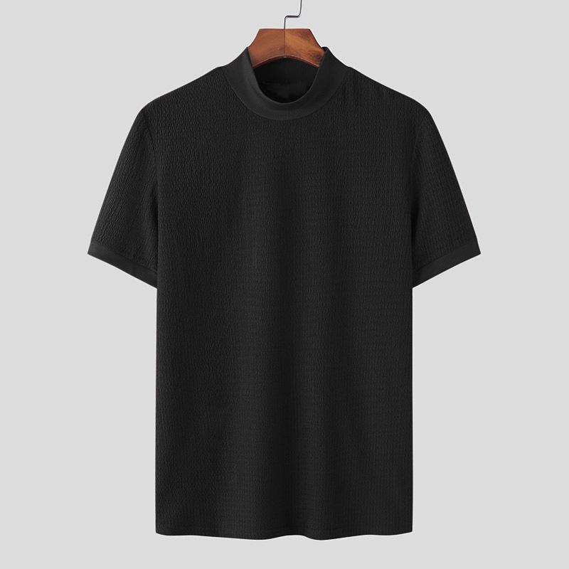 New Casual Simple Knitting Comfortable Bottoming Shirt European and American Men's Fashion High Collar Slim-Fit Water Ripple Solid Color T-shirt 4