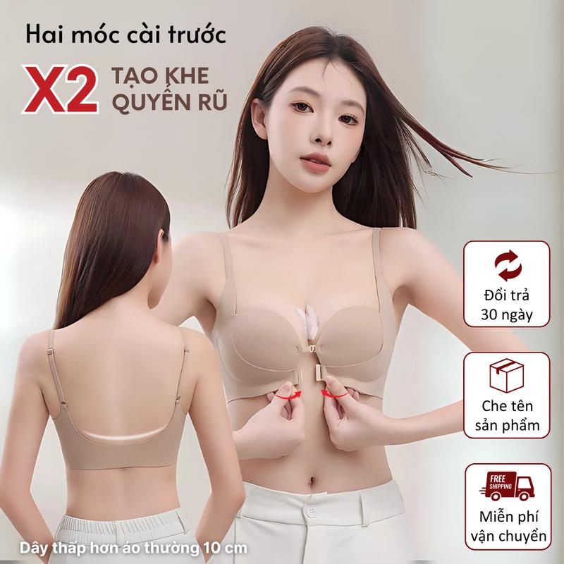Áo lót 2 móc cài trước gấp đôi gom ngực tạo khe, ôm nâng mềm mại dành cho vòng 1 xa nhau, áo lót chữ U 1825 Nữ
