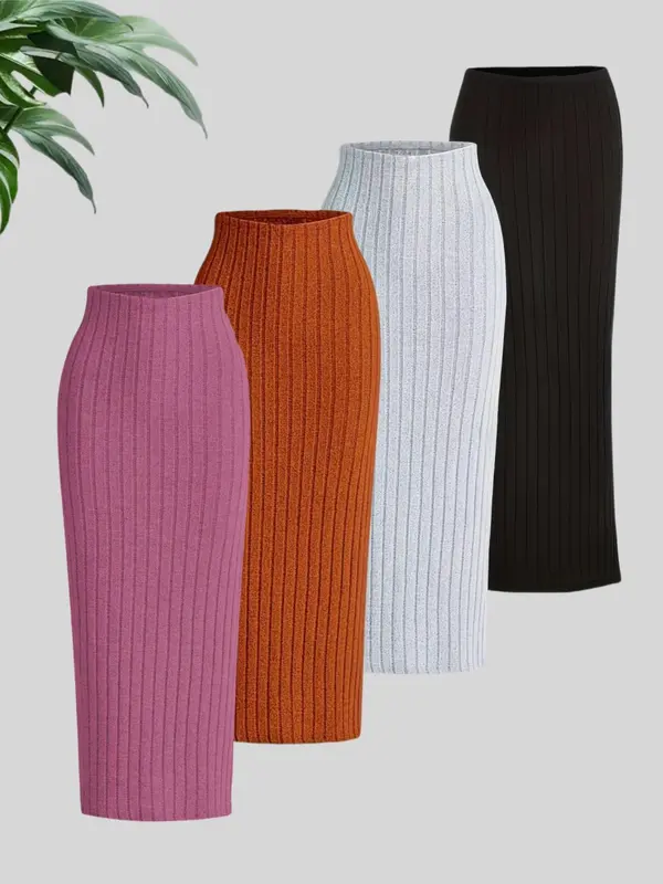 Women's Solid Ribbed Skinny Skirt, Elegant Fashion Casual Long Skirt for Daily Outdoor Wear, Women Knitwear for Fall & Winter 3