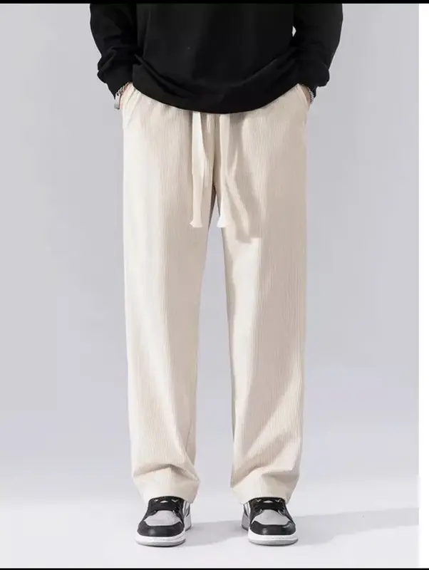 Quần ống rộng nam DOLARO nhung tăm lưng thun kèm dây rút bản lớn Menswear Kem 6