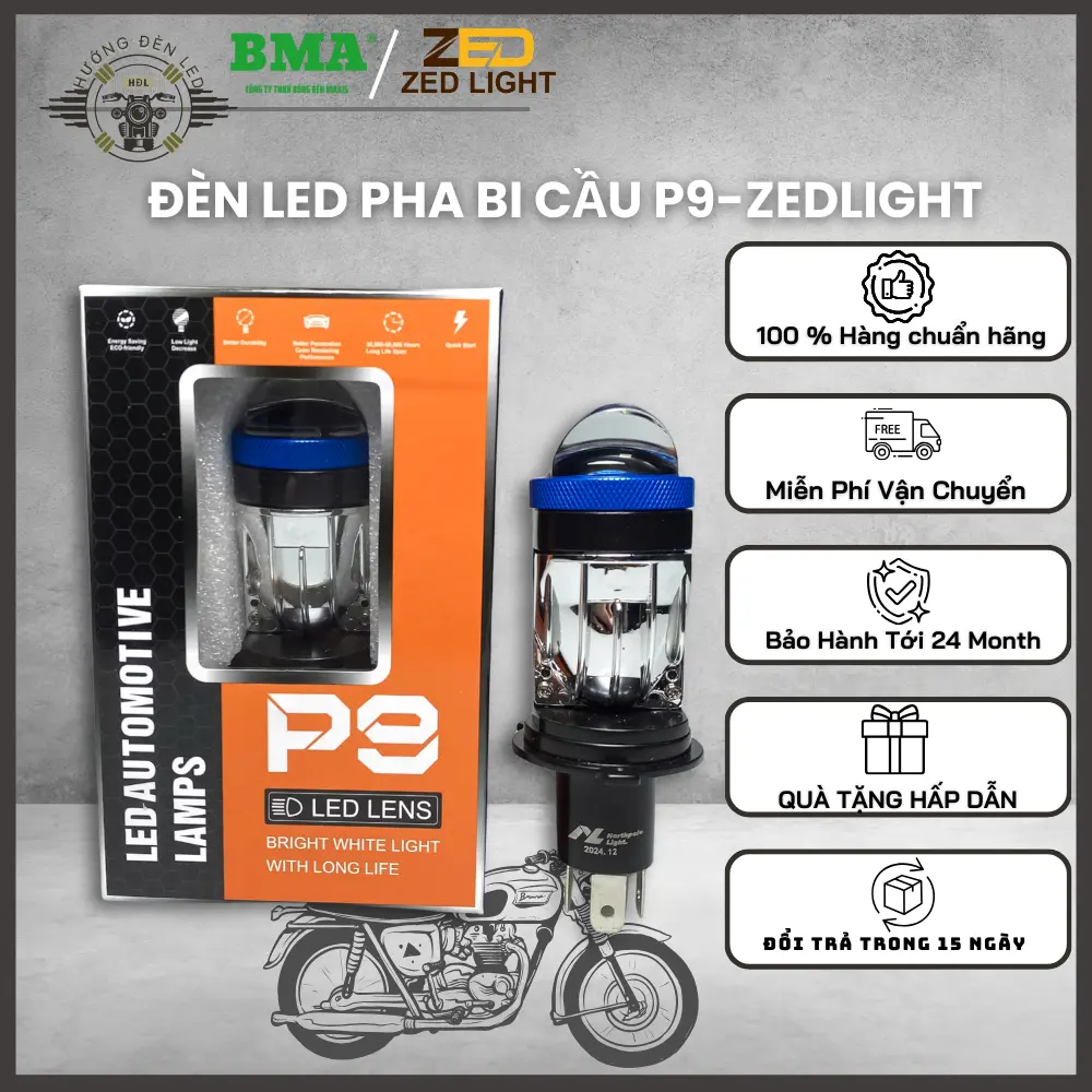 Đèn Pha LED Bi Cầu Mini P9 ZED LIGHT - 50W Trợ Pha Laser Chuyên Lắp Oto Xe Máy - Bảo Hành 24 Tháng