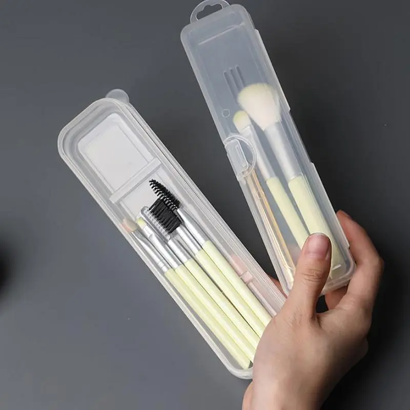 Clear Makeup Brush Holder, 1 Count Portable Makeup Brush Storage Box with Lid, Desk Organizer for Home Office School Dormitory Kitchen 5