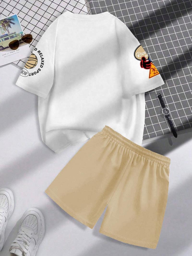 Product Introduction of Men's Letter Print Short Sleeve Tee & Shorts Two-piece Set, Regular Fit Round Neck T-shirt & Track Shorts, Casual Fashion Cozy Breathable Men Two-piece Outfits for All Seasons 9