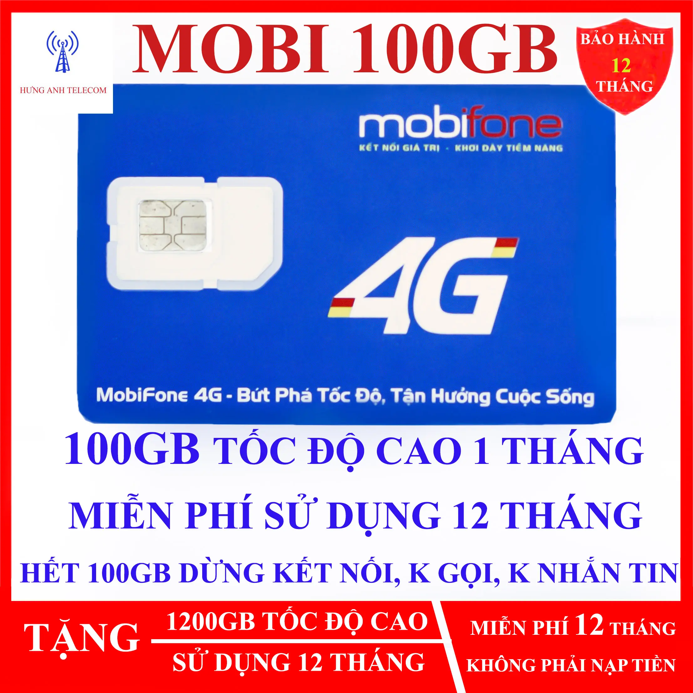 Sim 4G Mobifone 12 THÁNG 100GB MỖI THÁNG (có ESIM) không cần nạp TIỀN. HƯNG ANH TELECOM