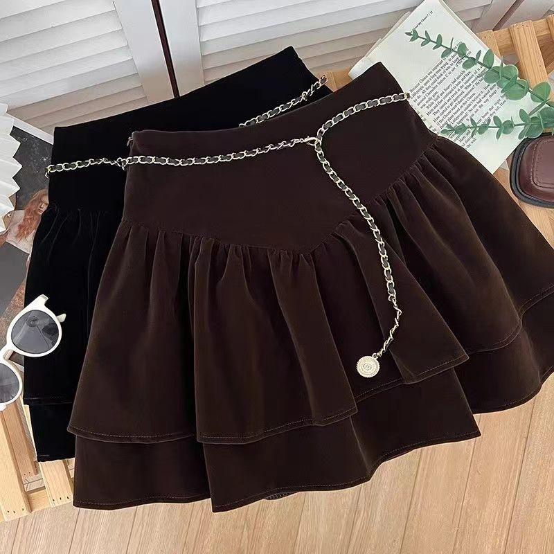 Product Introduction of Chân Váy Nhún Bèo Cạp Cao Nhung Vàng, Hàng Mới Về Mùa Thu Và Mùa Đông, Chân Váy Chữ A Chống Lộ, Có Thắt Lưng Dây Chuyền Xích Nữ Women 5