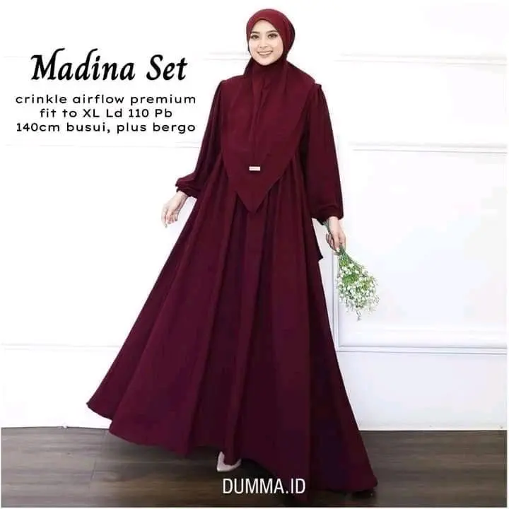 (FREE HIJAB) Medina Set Crincle Airflow - Gamis  Syar'i Busui Lengen Frendly 0