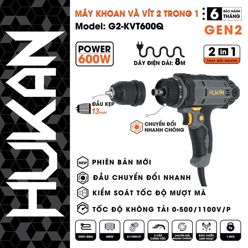 MÁY KHOAN ĐIỆN Hukan đầu 2 in 1 G2-KVT600Q công suất 600W dây điện dài 8M