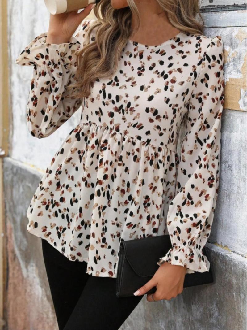 Product Introduction of Women's All Over Print Flounce Sleeve Blouse, Elegant Long Sleeve Round Neck Top for Spring & Fall, Women's Clothing for Daily Wear 1