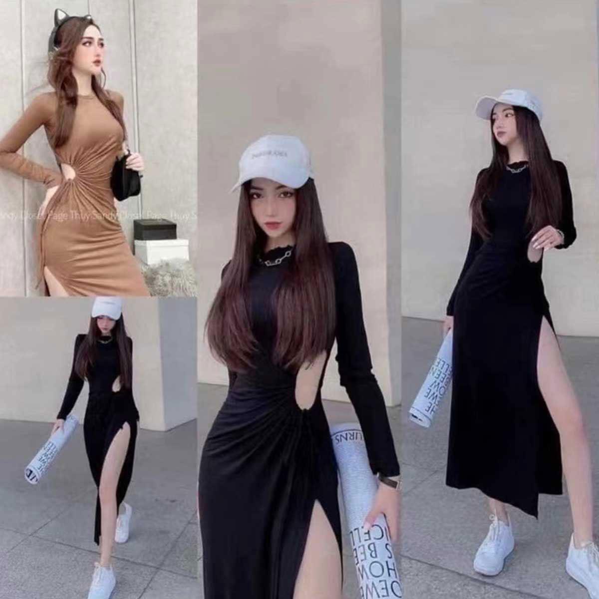 พร้อมส่ง เดรสยาว ชุดเดรส เซ็กซี่ รัดรูป สีพื้น แฟชั่นฤดูร้อน Y2K ผู้หญิง Outfits Dress Lady เสื้อผ้า