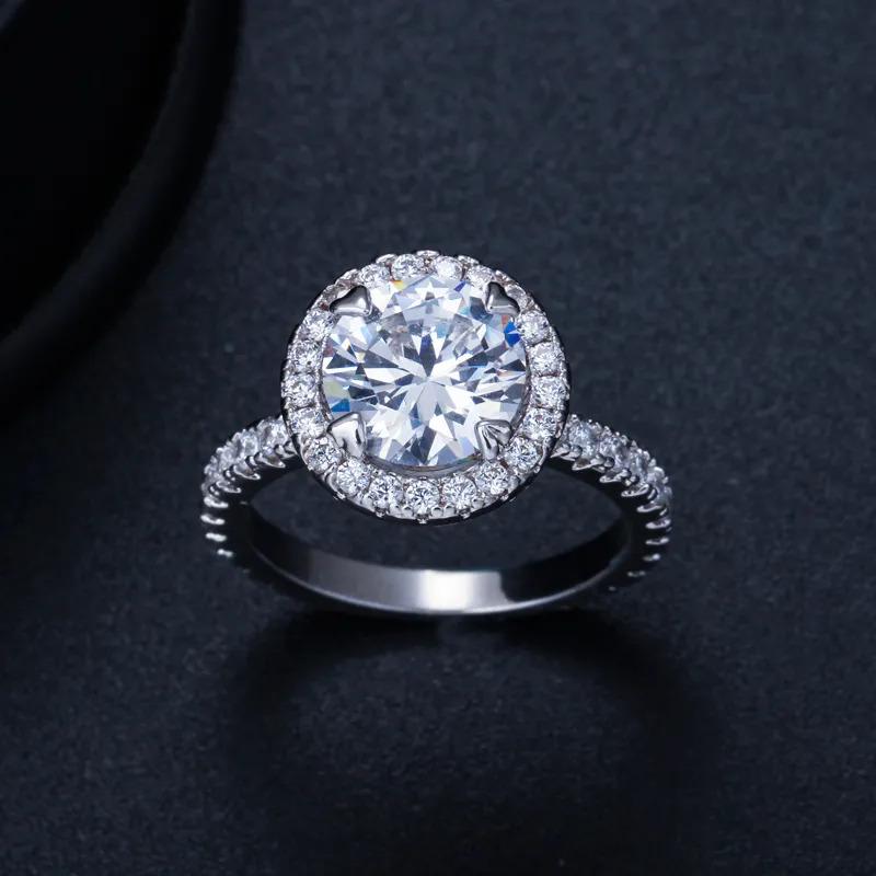 Product Introduction of SEQUITO Luxury 18K White Rose Gold Filled Wedding Band Micro CZ Pave Classic 3CT Round Zirconia Diamond Big Engagement Ring For Women SR043 12