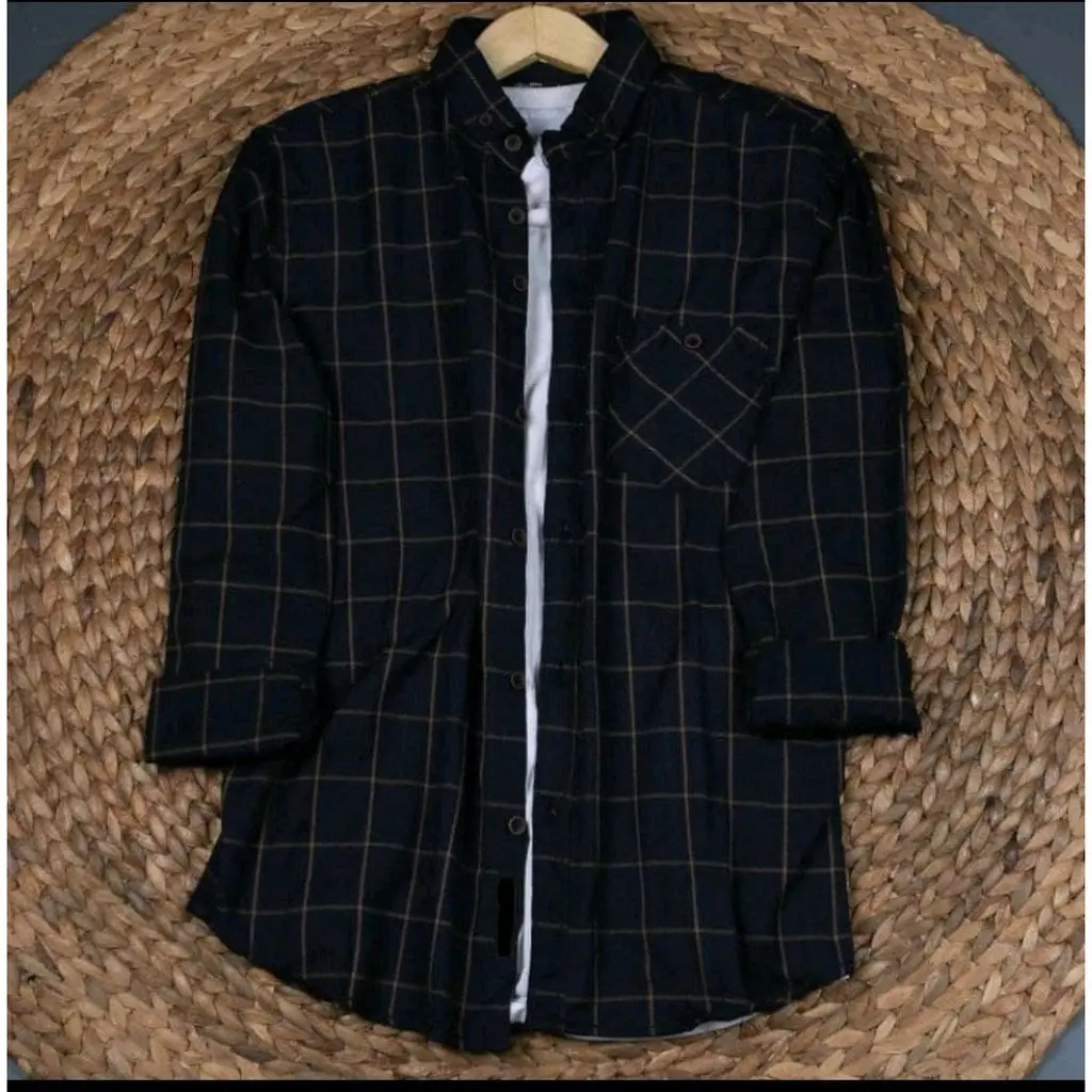 Kemeja flanel pria wanita lengan panjang motif garis coklat premium