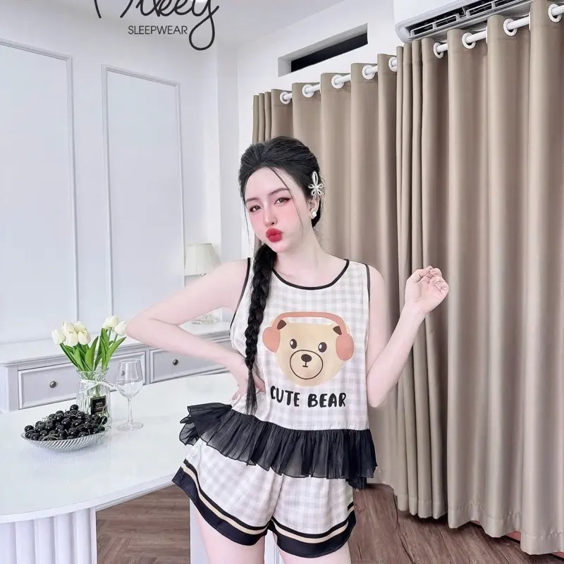 @minx.shop set đồ bộ pyjama mặc nhà chất vải lụa latin kiểu dáng sát nách phối voan
