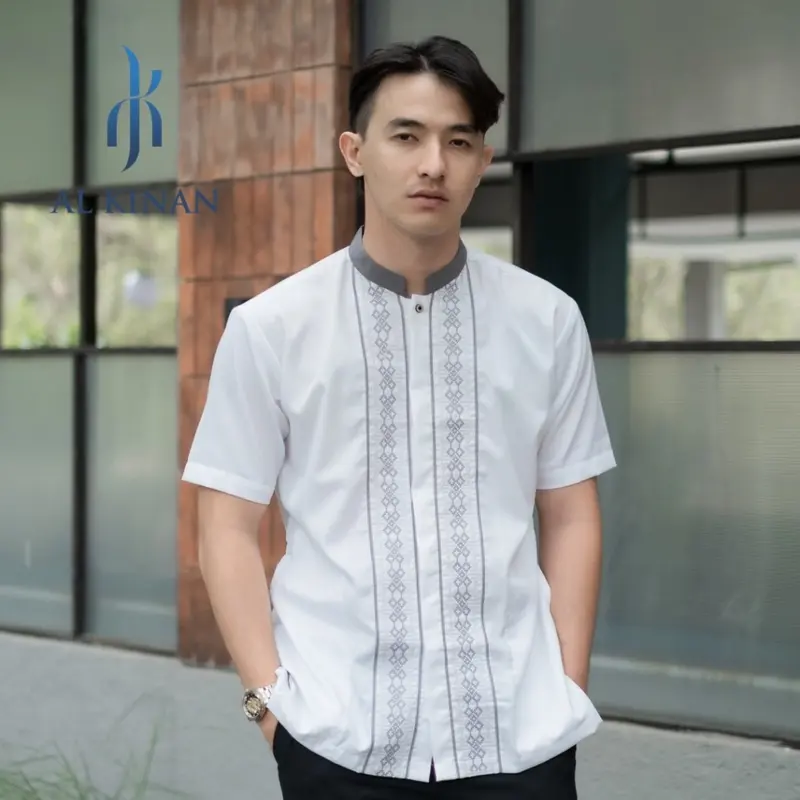 alkinan baju koko muslim pria bordir lengan pendek putih tulang katun toyobo ak061 Abu Hitam Dewasa Nyaman Panjang Atasan Kurta Motif 0