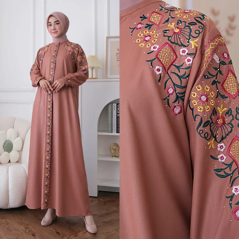 gamis kamelia katun toyobo bordir bunga muslim wanita cod Baju Kancing Dewasa Dress Panjang 4