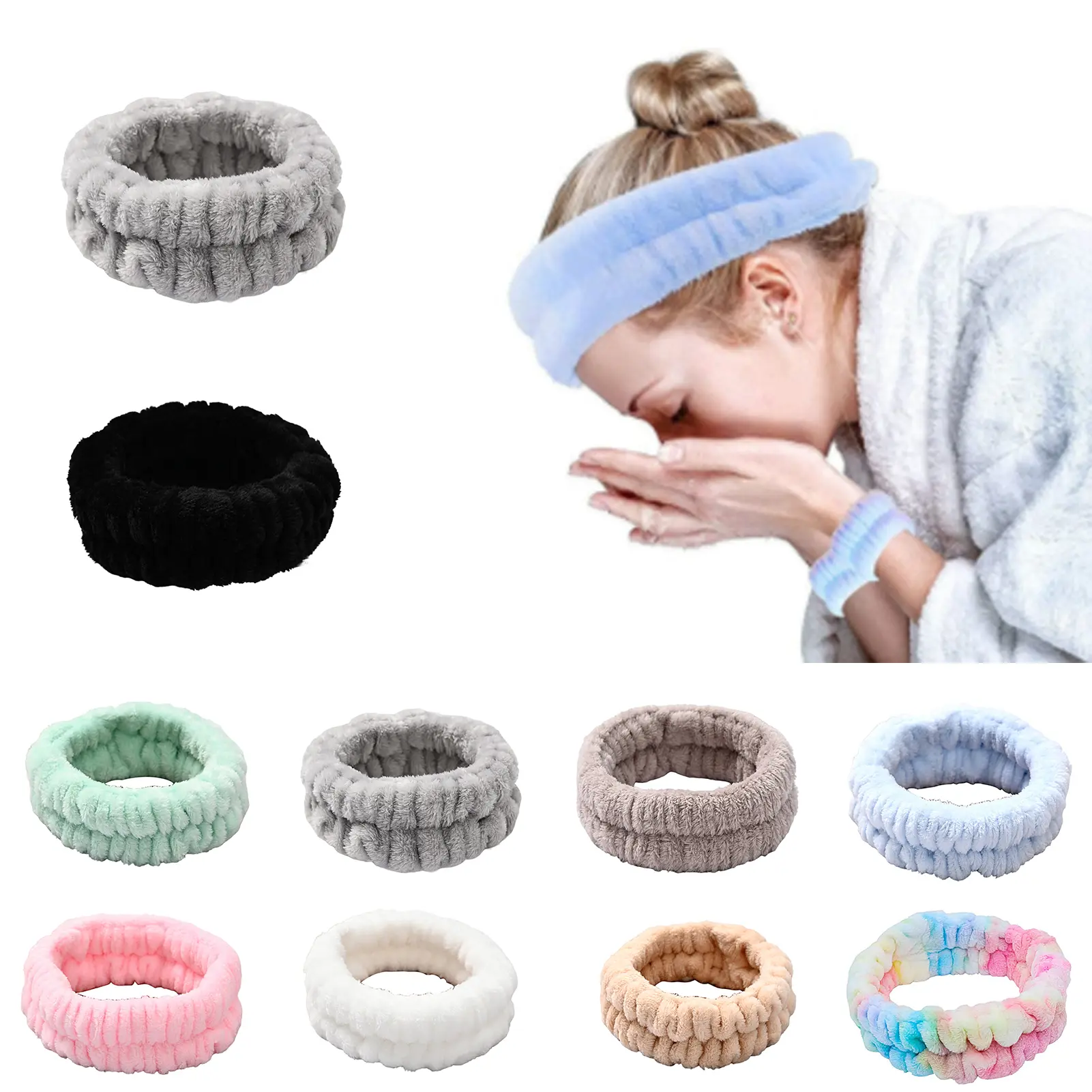 Nemoutube-Spa Headband Super Soft Fabric Good Elasticity Vibrant Colors Flannel Women Facial Makeup Hairband for Shower