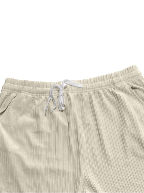 Two-Piece Set Men's Solid Color Ribbed Two-Piece Set, Regular Fit Casual Round Neck Tee & Pocket Tie Front Shorts, Men Outfits for All Seasons Daily Wear 5