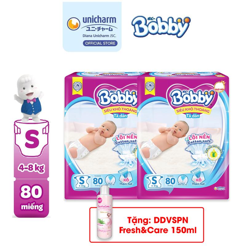 [COMBO 2-TẶNG DDVSPN FRESH&CARE 150ML] Bobby Tã/bỉm dán S80/M76 Siêu khô thoáng Lõi nén cotton-soft Cho bé