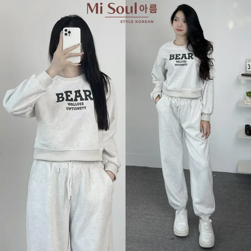 Set Nỉ BEAR In Chữ Ngực Kèm Quần Chun Dây Rút Bo Gấu BigSize MiSoul, Bộ Áo Gấu Form Thụng 357 Nữ Kem 7