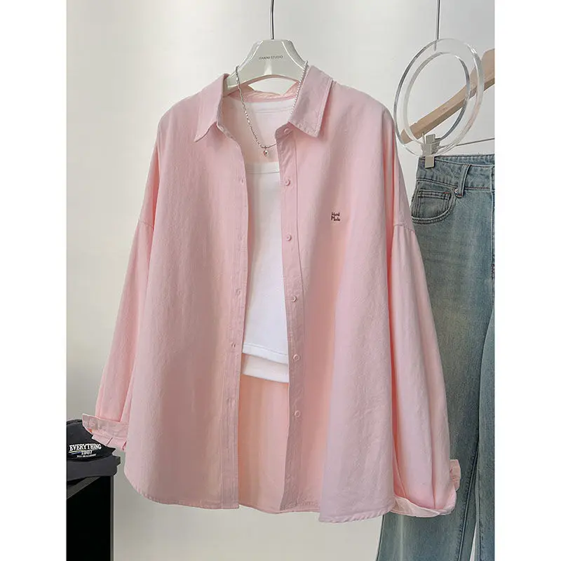 Áo Sơ Mi Cotton, Màu Pastel Dành Cho Nữ, Hàng Mới Về Mùa Xuân 2024, Phong Cách Hàn Quốc, Thêu, Dáng Rộng Vừa Vặn, Dài Trung Bình Mỏng Vừa Vặn, Áo Sơ Mi Dài Tay
