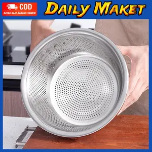 Baskom Bolong Lubang Stainless Steel Saringan Cuci Buah Sayur Rice Sieve Tirisan