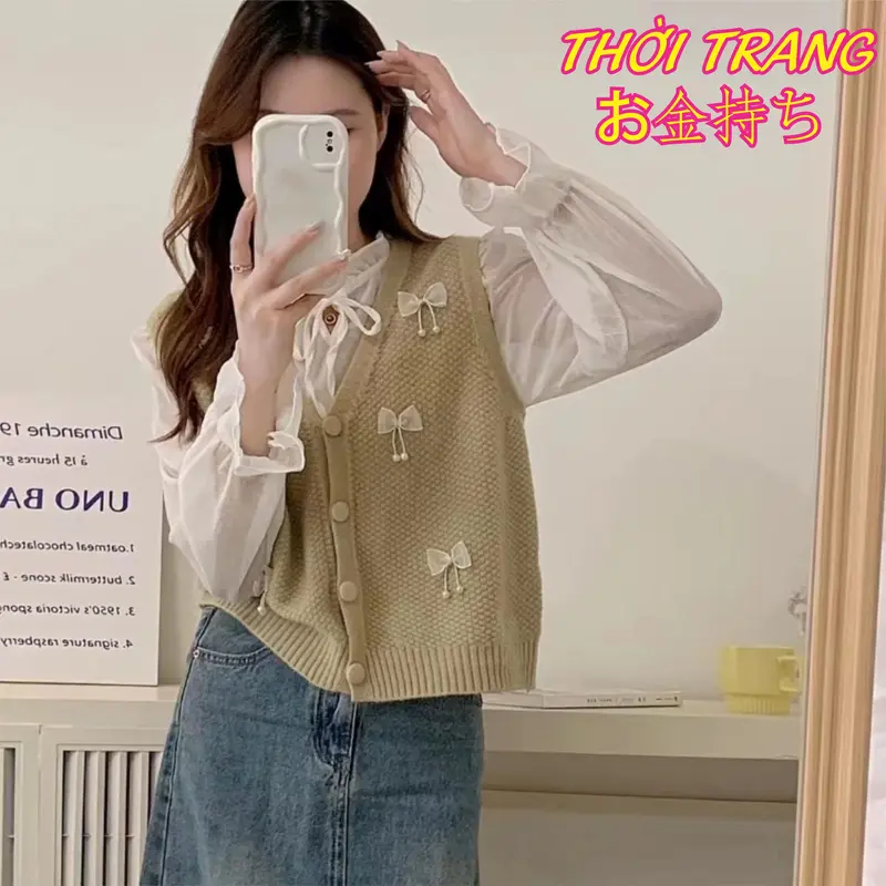 Áo gile len đính nơ cúc bọc cổ V nhiều màu 406 3