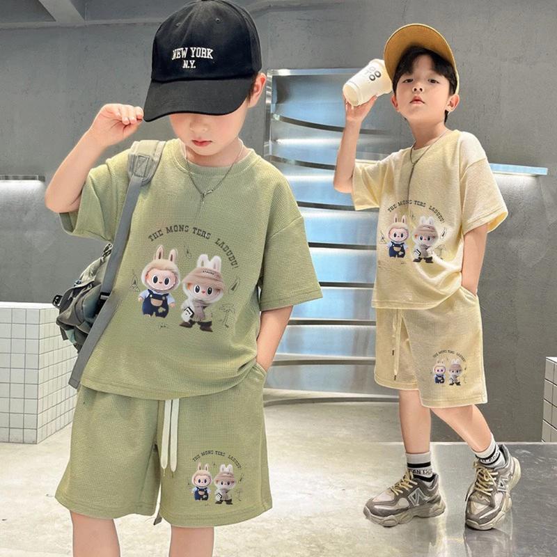 (Không túi) Bộ Đồ Cộc Tay Bé Trai Labubu Từ 8-36kg chất vải tổ ong Cotton Dày Đẹp. Hoạ tiết labubu hot trend Cho Bé Trai Thun