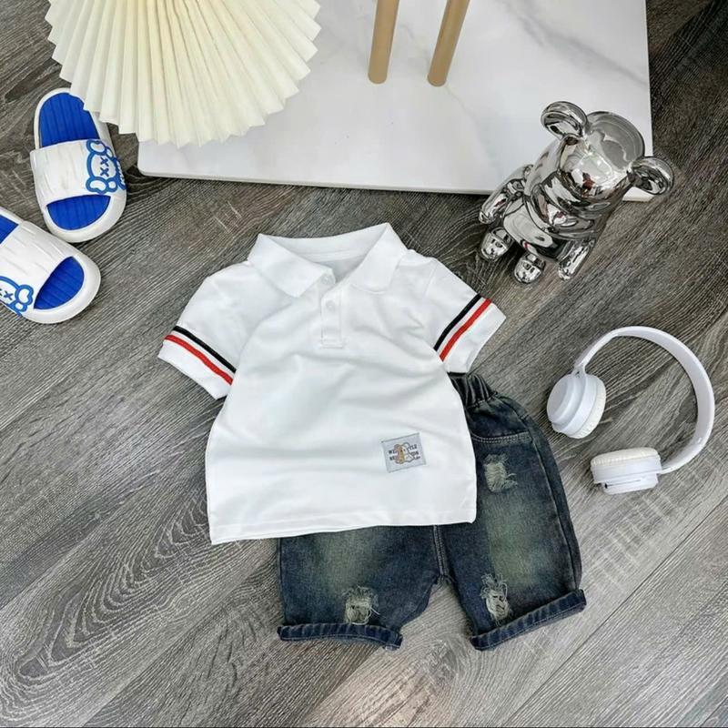 Sét Bộ PoLo (Áo+Quần) Phối Tay Sọc Áo Chất PoLo Cá Sấu Mềm Mịn Mix Quần Jean Cho Bé Trai Đi Học Đi Chơi Đủ Size Từ 9-30kg 2