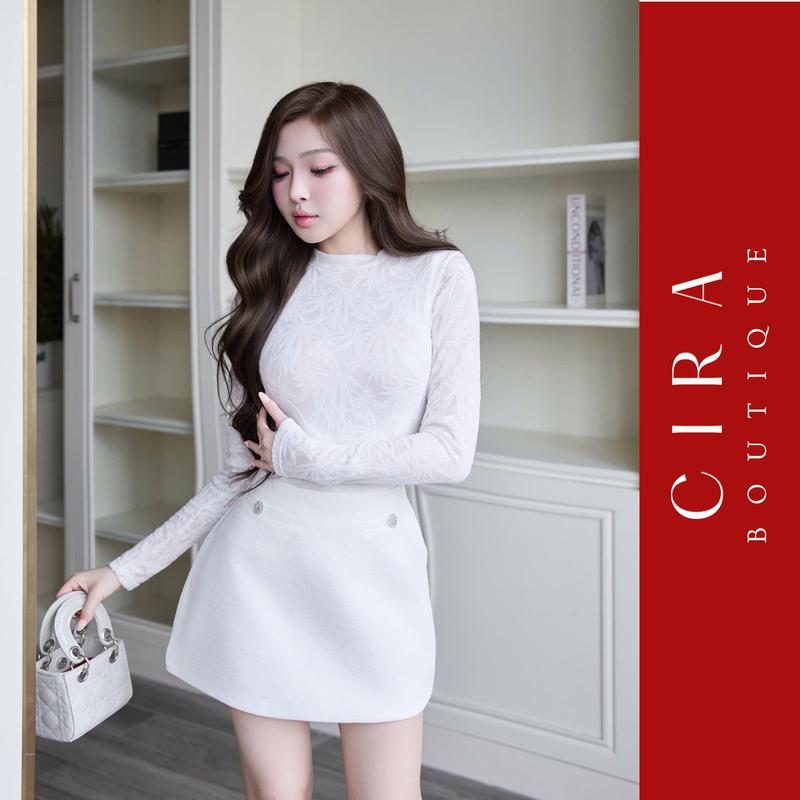 Sét Áo Thun Ren Dài Tay Phối Chân Váy Chữ A Đính Ngọc - Set Đồ Váy Nữ - 2 Màu Trắng/Đen - Đủ Size S/M/L Cira Boutique D1089