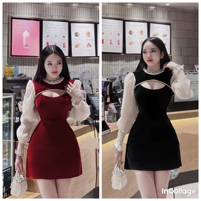 Đầm Nhung bigsize chân váy chữ A cổ tròn khoét phối tay voan tơ xước chất liệu Nhung chân váy A. Váy Nhung đỏ thường mặc đẹp Women