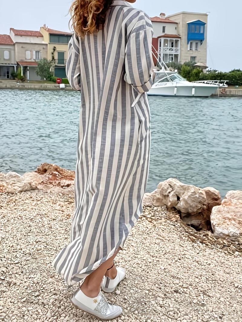 Product Introduction of Women's Striped Print Button Front Shirt Dress, Elegant Collared Dress for Spring & Fall, Ladies Clothes for Daily Wear 2