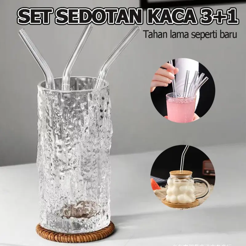 sedotan kaca bening set 4 pcs sedotan gelas transparan glass straw boba sikat sedotan food grade clear lurus bengkok estetik aesthetic eco friendly reusable 4in1 7