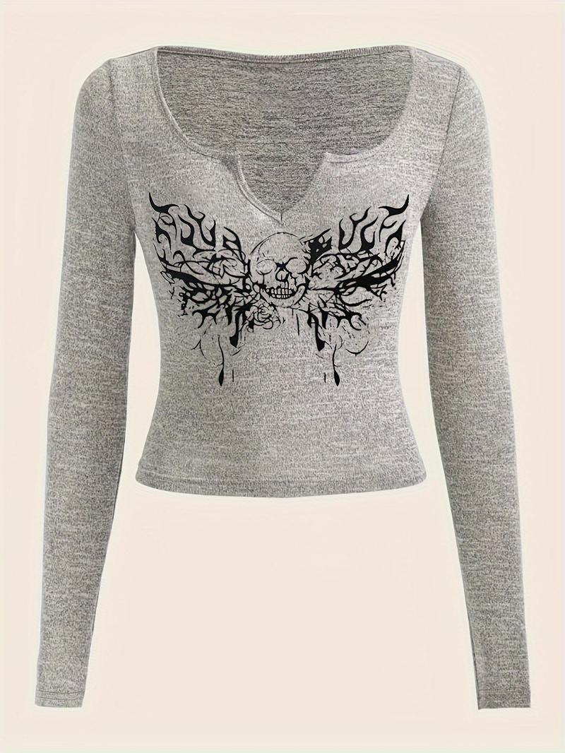 Product Introduction of Women's Y2K Graphic Notched Neck Long Sleeve Tee, Summer Clothes, Streetwear Casual Trendy T-shirt For Summer Daily Wear, Ladies Clothes For All Seasons 6