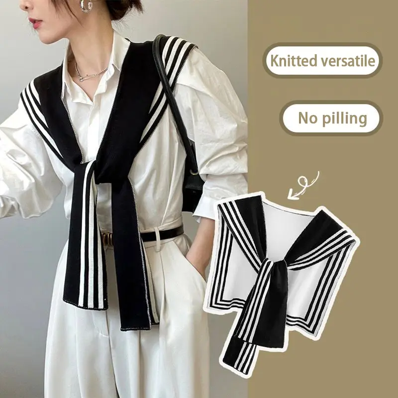 Áo Sơ Mi Khăn Choàng Dệt Kim, Thời Trang Phong Cách Hàn Quốc, Sọc Vai, Cổ Áo Giả, Khăn Quàng Cổ Phong Cách Cổ Điển Phụ Kiện Nữ Women