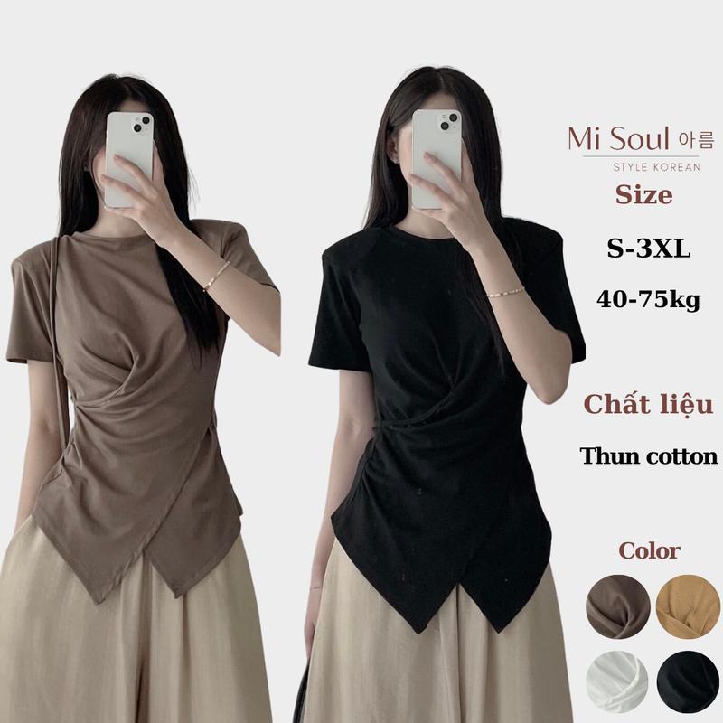 Áo Thun Xoắn Eo Cổ Tròn MiSoul BigSize , Áo Cộc Tay BigSize Vạt Chéo 199 Top Nữ Women Đen Cotton Voi