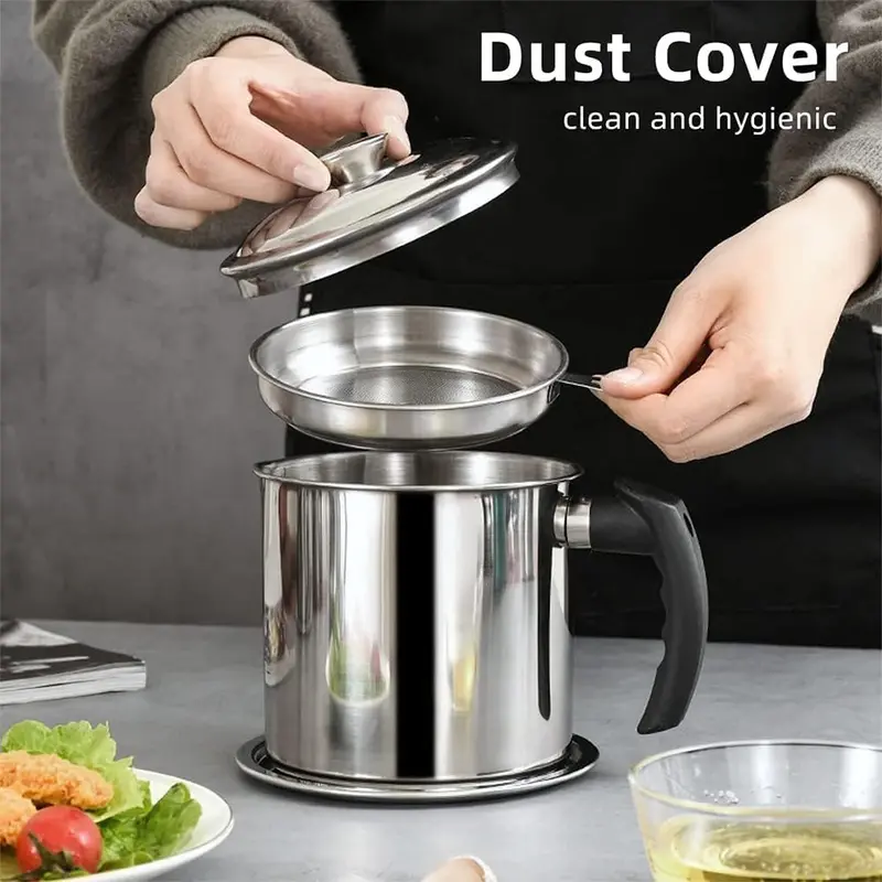 Stainless Steel Oil Pot with Filter, Kitchen Oil Dispenser with Tray & Lid, Bacon Grease Container, Cooking Oil Can, Home Kitchenware 7