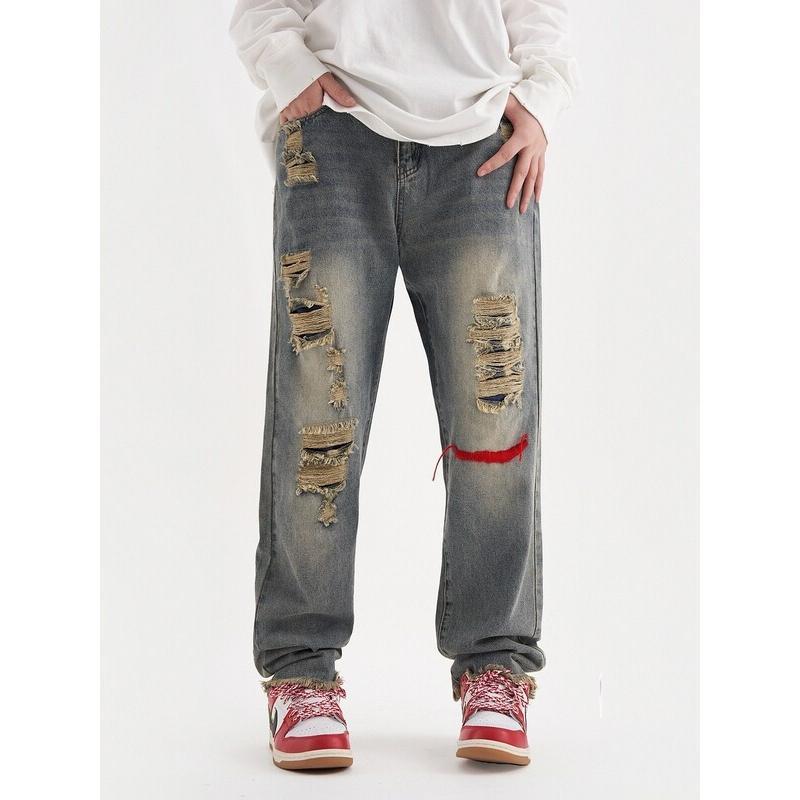 American retro embroidery fake ripped jeans straight leg pants - TikTok ...