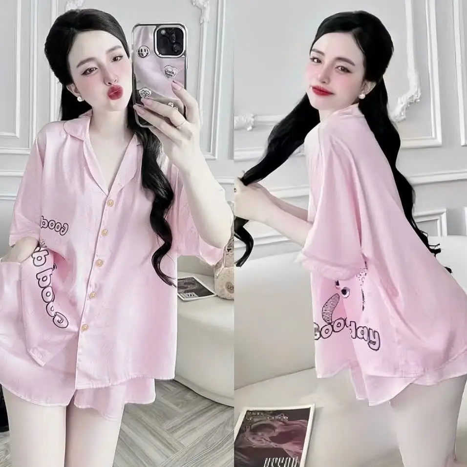 Đồ ngủ nữ pijama mặc nhà Hisexy set bộ đồ ngủ pyjama Lụa Latin cộc tay quần đùi P09