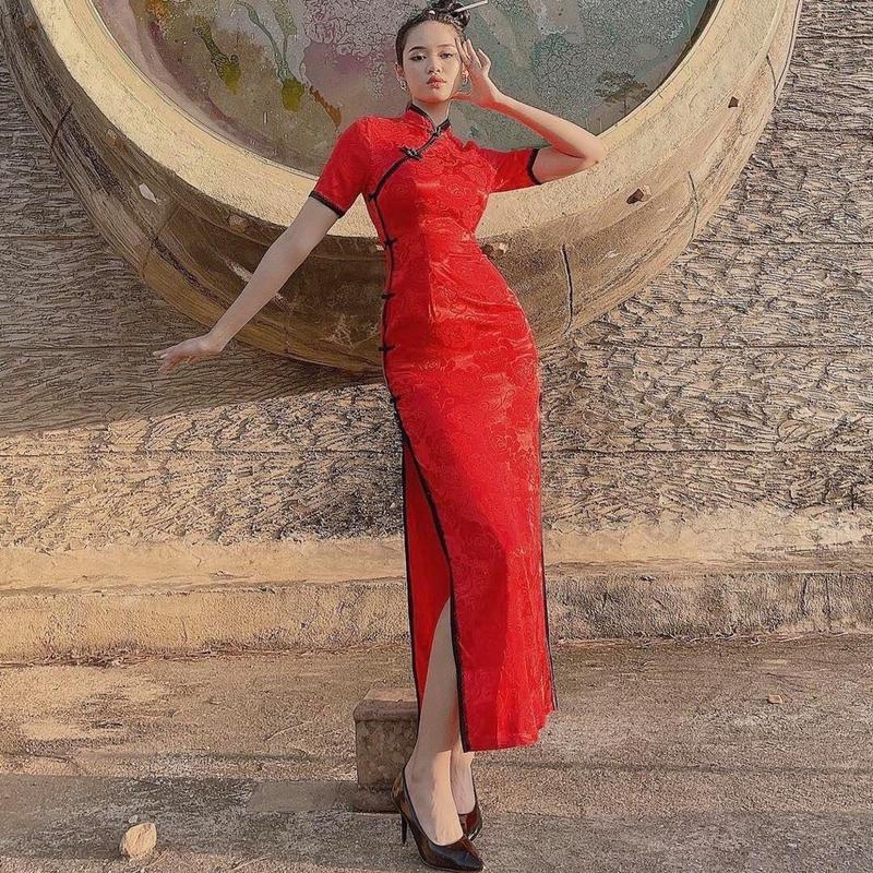 M793 - Đầm sườn xám cách tân dáng dài nữ Tết Dress Women Đỏ