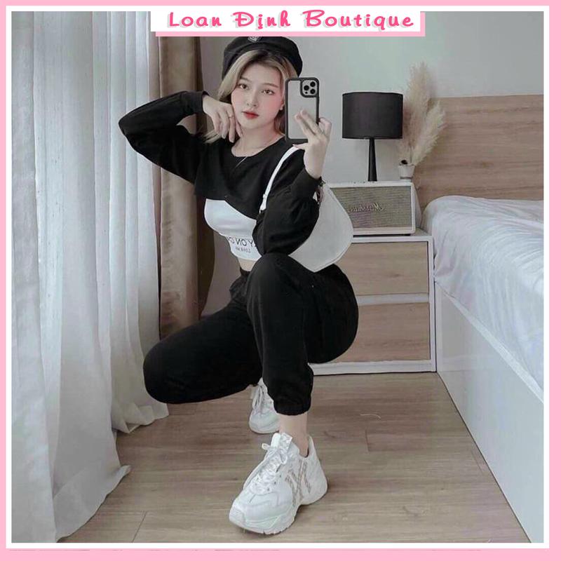 Set bộ len tăm croptop thêu chữ Car chéo ngực mix áo 2 dây quần jogger bo ống đồ bộ nữ thể thao thu đông Loan Định Boutique LD130 Sport Chạy Bộ Tập Gym