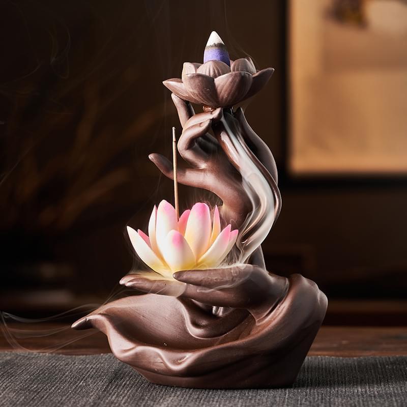 Thác Khói Trầm Hương Phật Thủ Tay Nâu Sen Hồng Khói Ngược Decor Phong Thủy Tặng Kèm 10 Nụ Trầm - Ngọc Long Decor 3