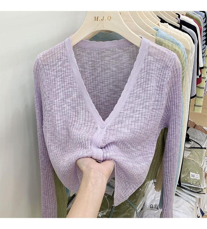 Product Introduction of Áo Cardigan Chống Nắng Dệt Kim, Trang Phục Mùa Hè Cho Nữ, Chất Liệu Lụa Lạnh Mỏng, Dài Tay, Màu Đen, Thích Hợp Mặc Bên Ngoài, Có Thể Mặc Với Áo Điều Hòa Không Khí Ngắn, Áo Sơ Mi, Women, Top, Voi 15
