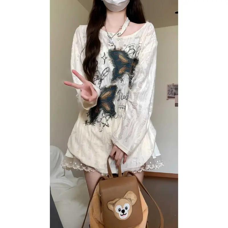 Áo Thun Tay Dài Rách Hình Bướm, Phong Cách Cổ Điển Mỹ, Dành Cho Nữ, Mùa Hè, Hàng Mới Về, Ngoại Cỡ, Cô Gái Đầy Đặn, Cao Cấp, Chống Nắng, Thời Trang Hàng Đầu, 2024 Women Top 1