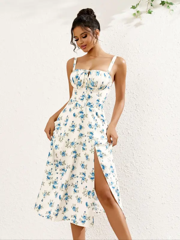 Women's Floral Print Ruched Split Thigh Dress, Elegant Sleeveless Midi Dress for Summer, Ladies Clothes for Beach Holiday, Womenswear, Dresses for Summer 6